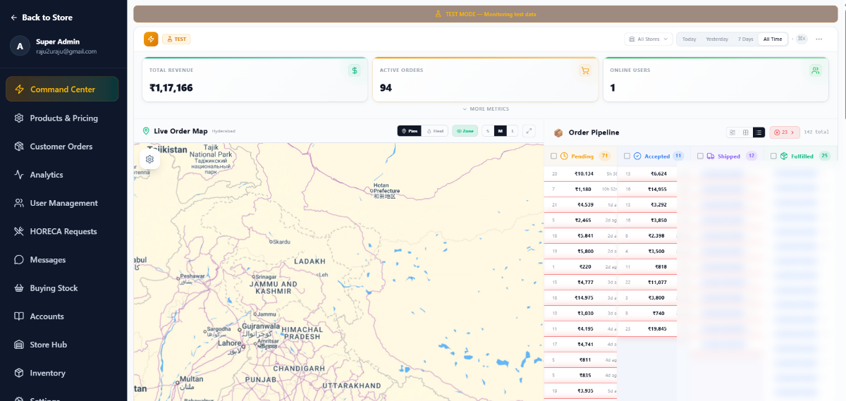 Command Center: revenue, active orders, a live delivery map and the order pipeline