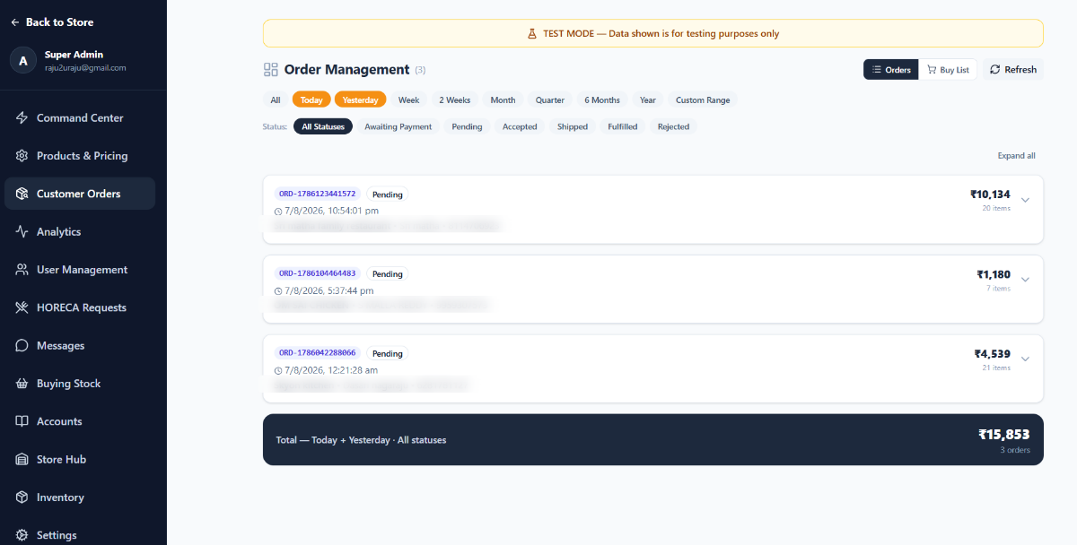Order Management with date and status filters and orders listed with totals