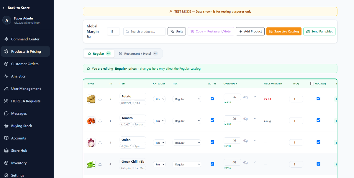 Products and Pricing: a Regular catalogue of 64 items and a Restaurant and Hotel catalogue of 84, with per-item overrides and slab prices