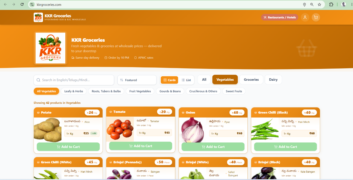 KKR Groceries' storefront: its own orange branding, a Restaurants and Hotels switcher, and vegetables priced per kilo