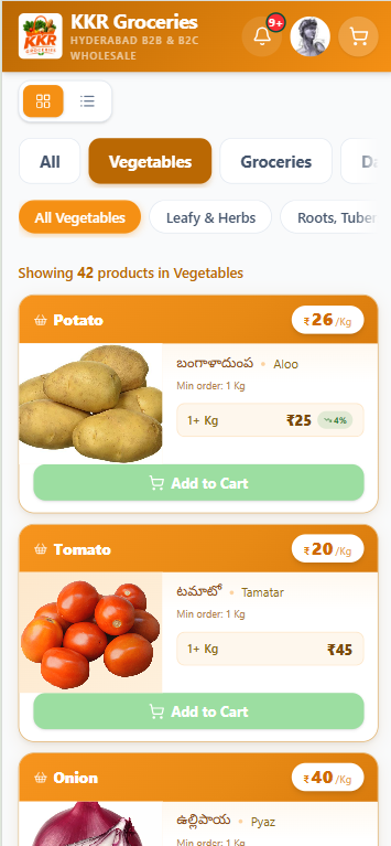 The storefront on a phone: product cards stacked, category chips scrolling, prices per kilo